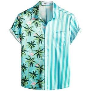 Hawaiian Flamingo Casual Tropical Short Sleeve Shirt Blue